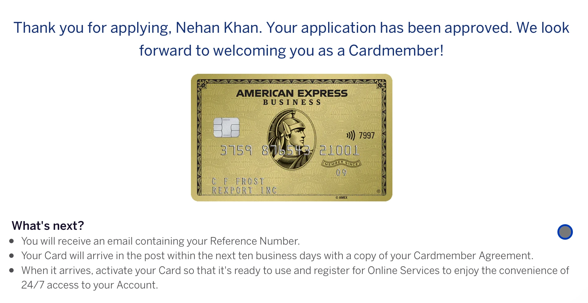 American Express Business Gold approved