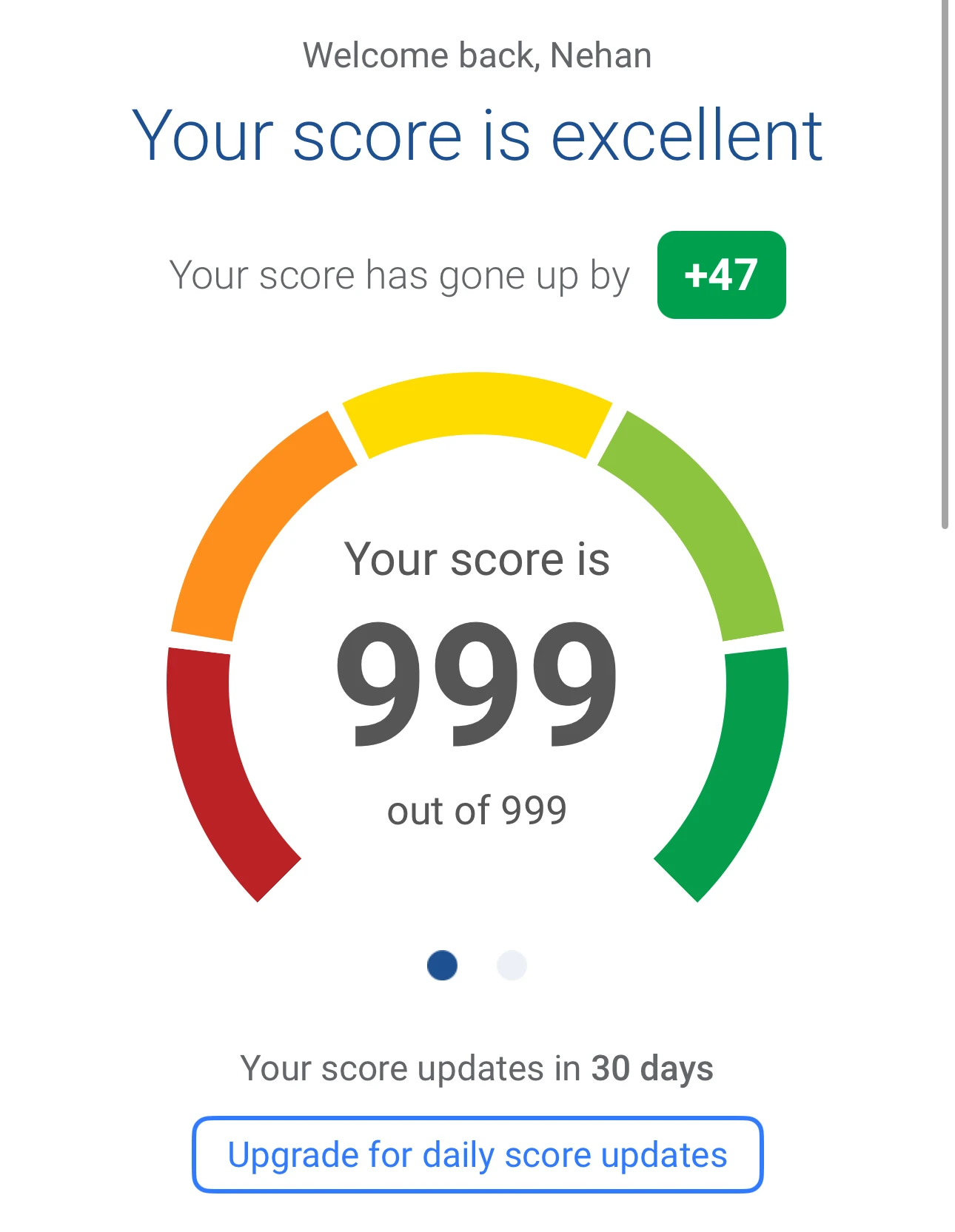 Experian score of 999 out of 999