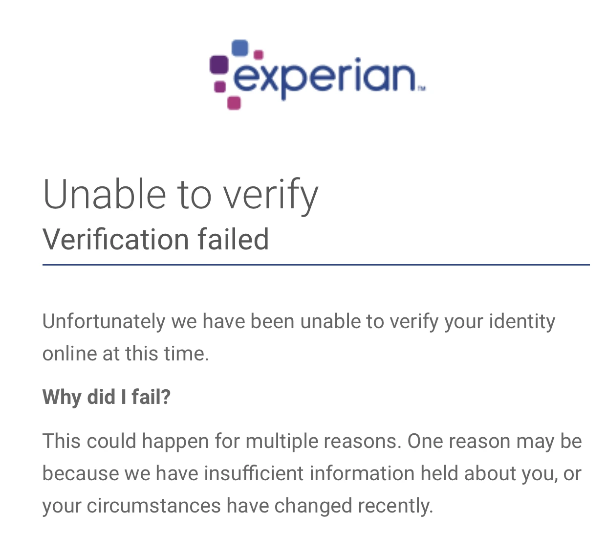 Experian: unable to verify, verification failed