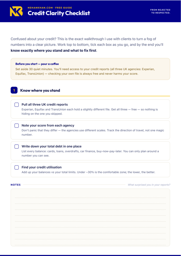 The first page of the Credit Clarity Checklist: a navy header, then the "Know where you stand" section with tick boxes for pulling all three credit reports, noting each score and finding your utilisation