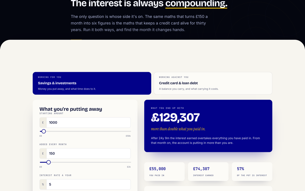 The compound interest calculator in savings mode, showing £129,307 after 30 years and the split between what you paid in and the interest