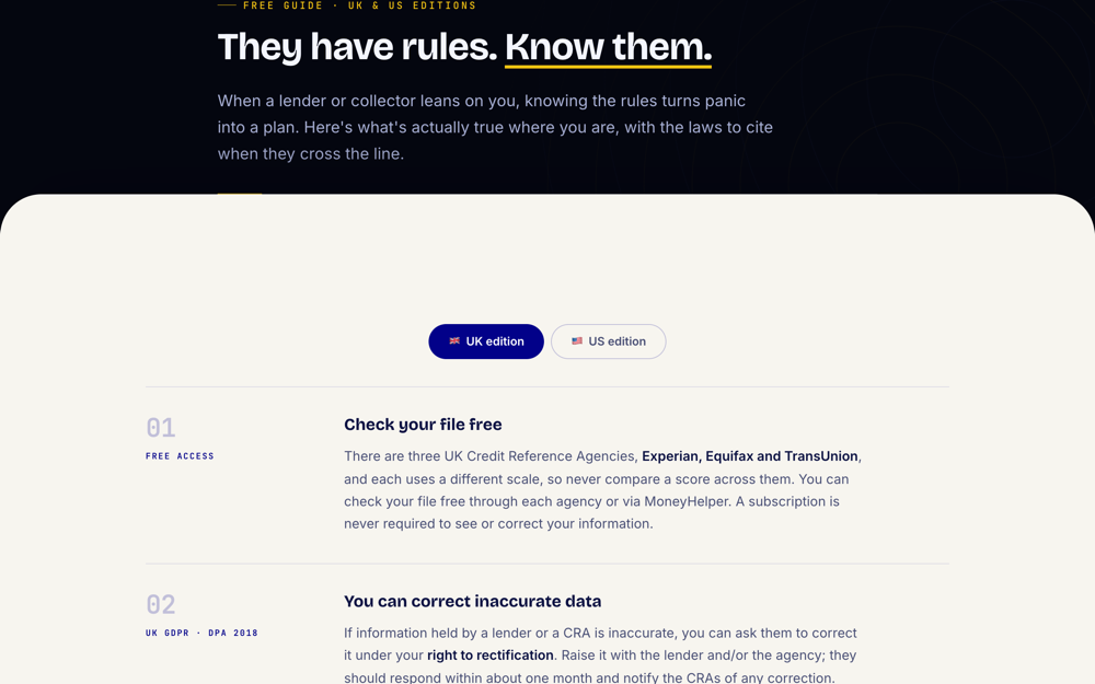 The Know Your Rights guide showing the UK and US edition toggle and its numbered sections